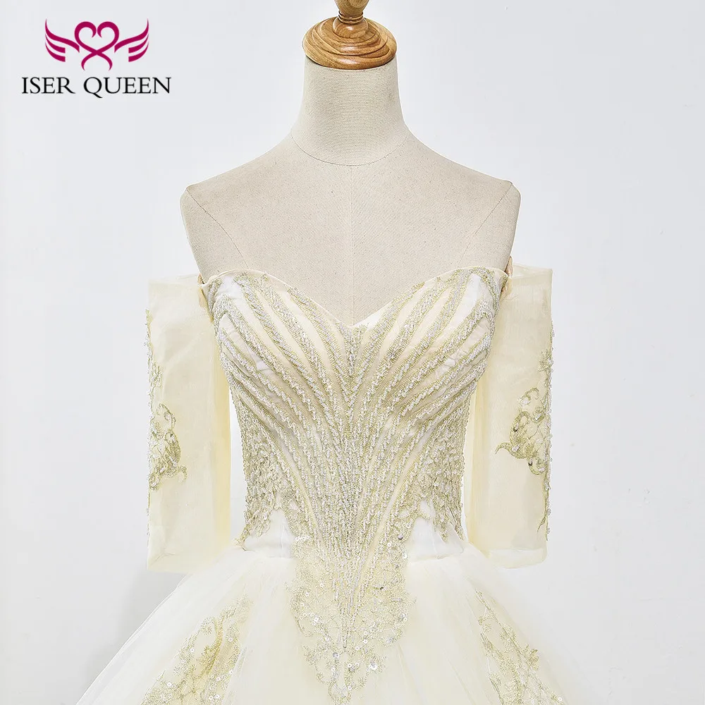 Luxury Half Sleeves Delicate Embroidery Sequined Beading Ball Gown Wedding Dress Lace up Ivory ashley carol Princess WX0025 | Свадьбы и