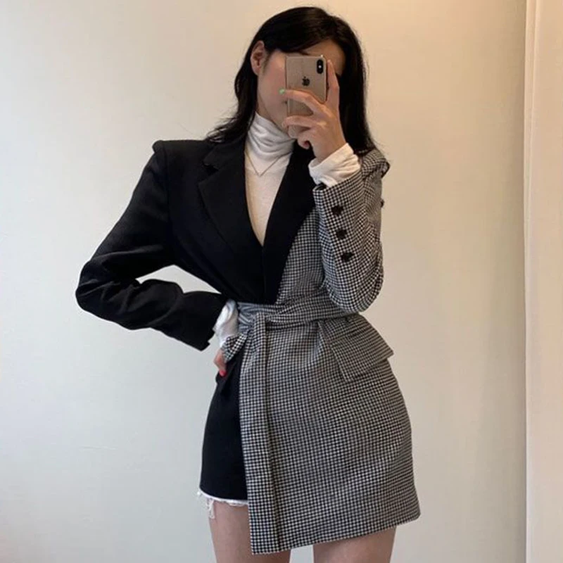 

Korean Style Fashion Stripe Patchwork Blazers Women with Sashes Plaid Pocket Elegant Office Lady Work Blazer Suit Coats SA542S30