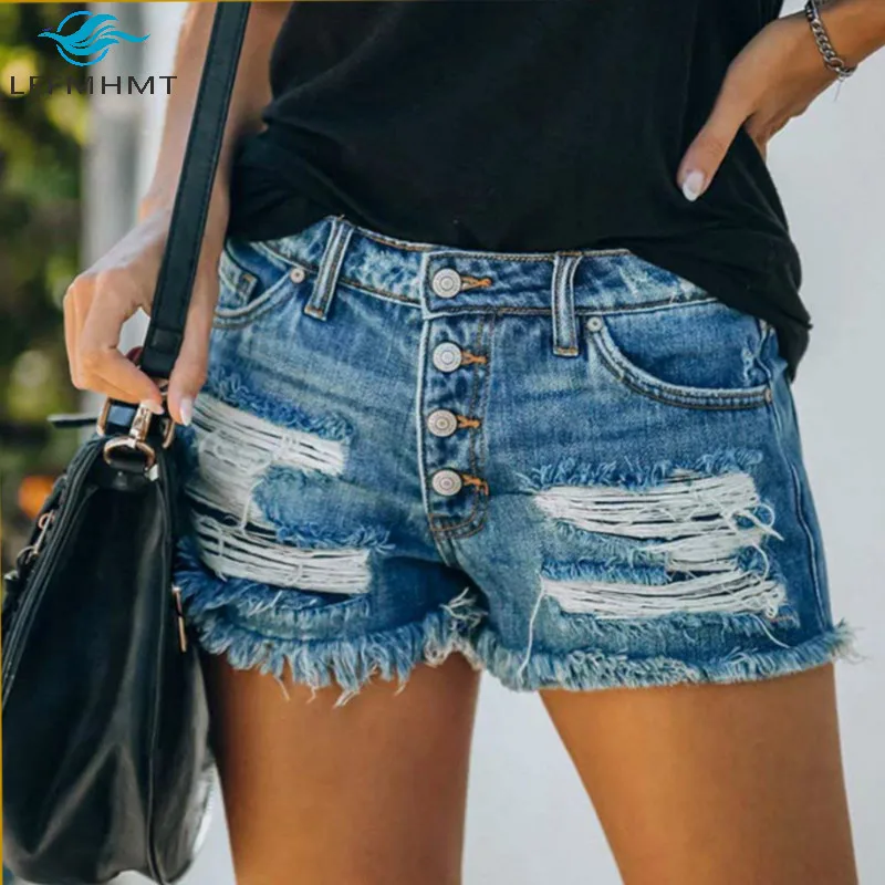 

Women Summer Fashion Denim Shorts Ladies Vintage Ripped Metal Buckle Jean Shorts Female Blue Mid Waist Slim Fit Sexy Streetwear