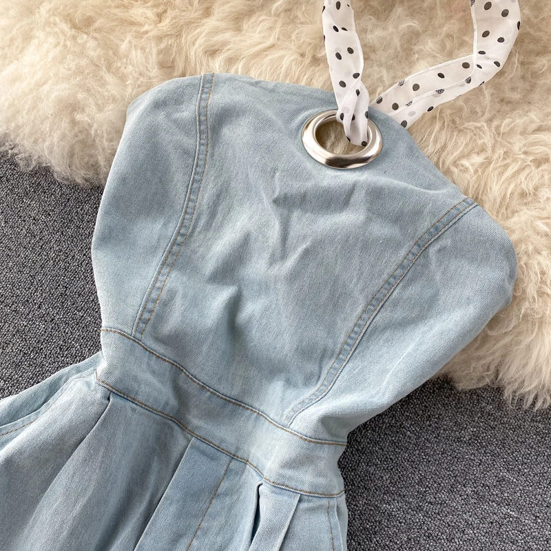 Женский джинсовый комбинезон повседневный однотонный Облегающий без рукавов