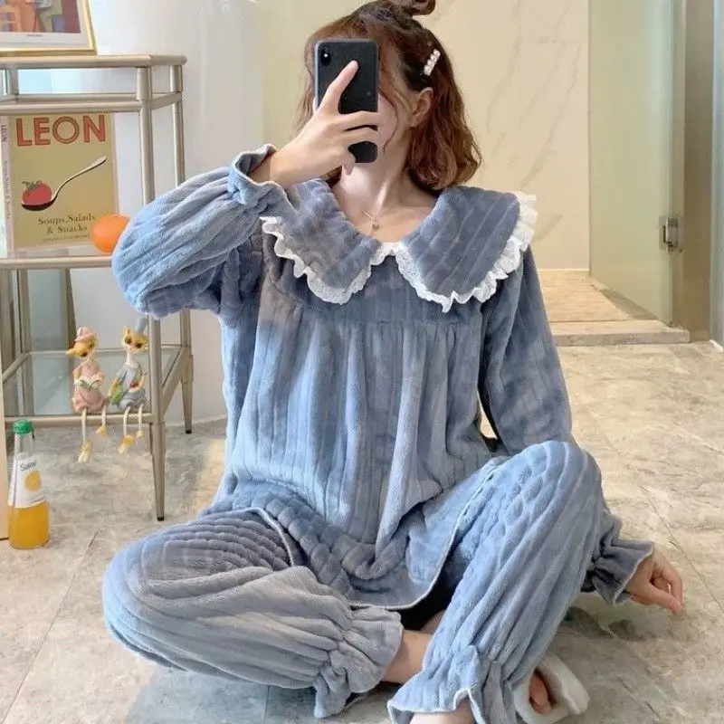 Coral Velvet Pajamas Women's Autumn and Winter Sweet and Lovely Princes Fashion Style Home Clothes  Pajamas for Teen Girls
