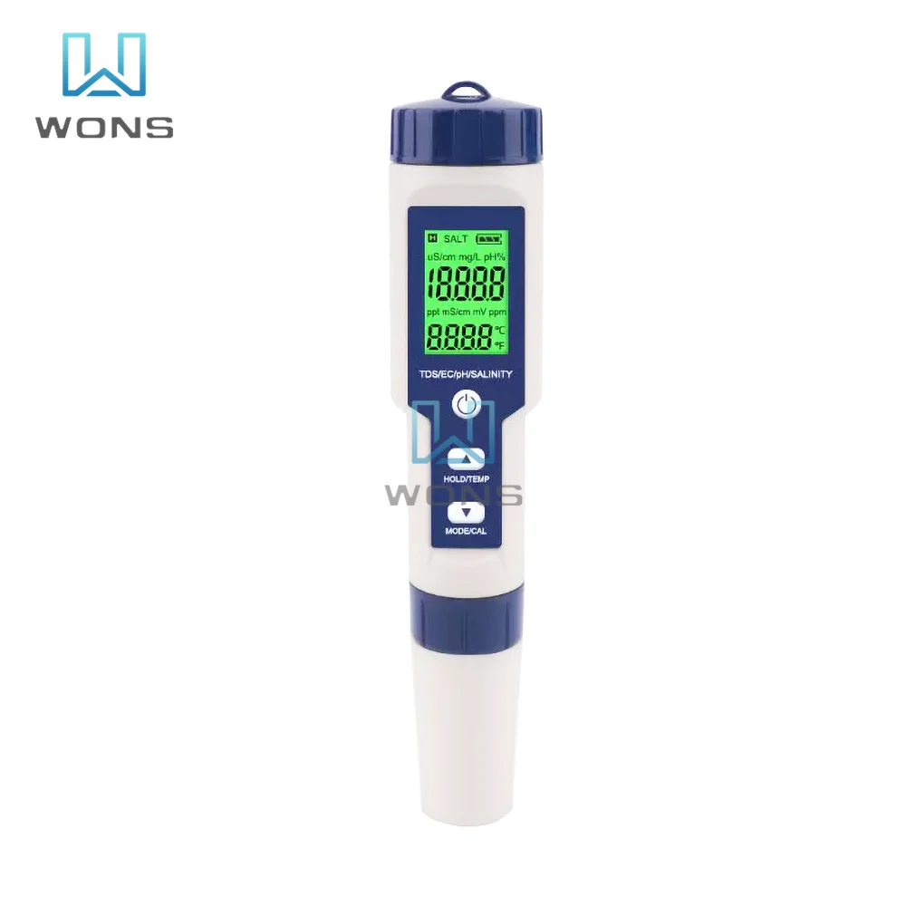 

5-in-1 PH/TDS/EC/Salt Salinity Portable Multi-parameter Water Quality Analyzer with Built-in Battery