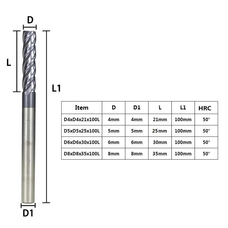 Carbide End Mill 100mm 4 Flute Milling Cutter Long Diameter 4/5/6/8mm CNC Machine Tools HRC 50 Spiral Mills | Инструменты