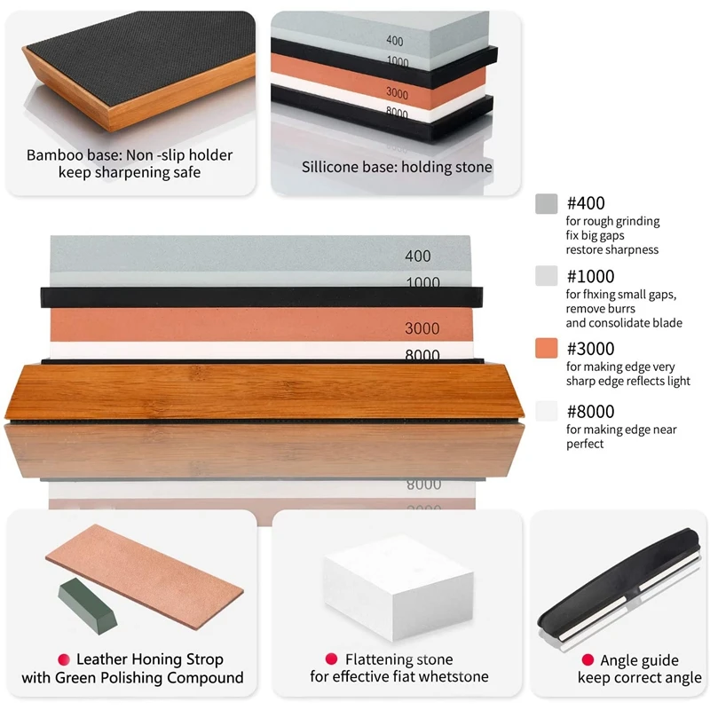 Knife Sharpening Stone Set 400/1000 3000/8000 Grit Whetstone Kit Flattening Leather Honing Strop and Polishing | Дом и сад