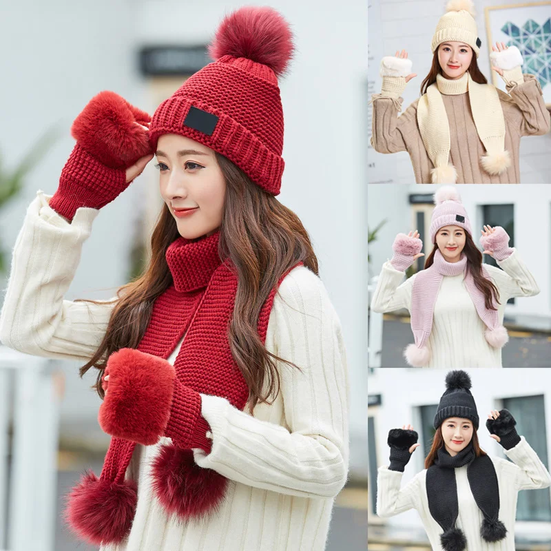 

Hot Selling Cute Women Knitted Hat Gloves Scarf Set Xmas Winter Warming Beanie Hat Half Finger Glove
