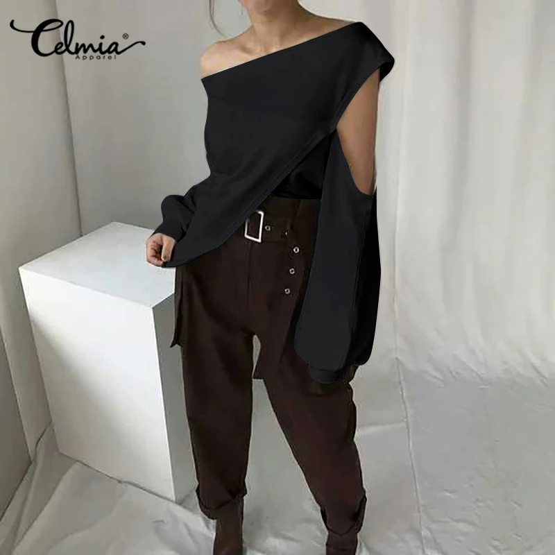 5XL Celmia женские модные блузки с длинным рукавом Ажурные топы пикантные рубашки