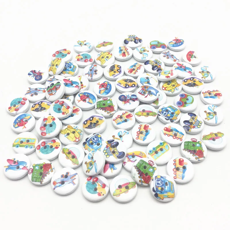 100pcs 15mm Mix Transportation Wood Buttons Car Train Plane Boat Sewing Round Accessories DIY Crafts Scrapbooking - купить по