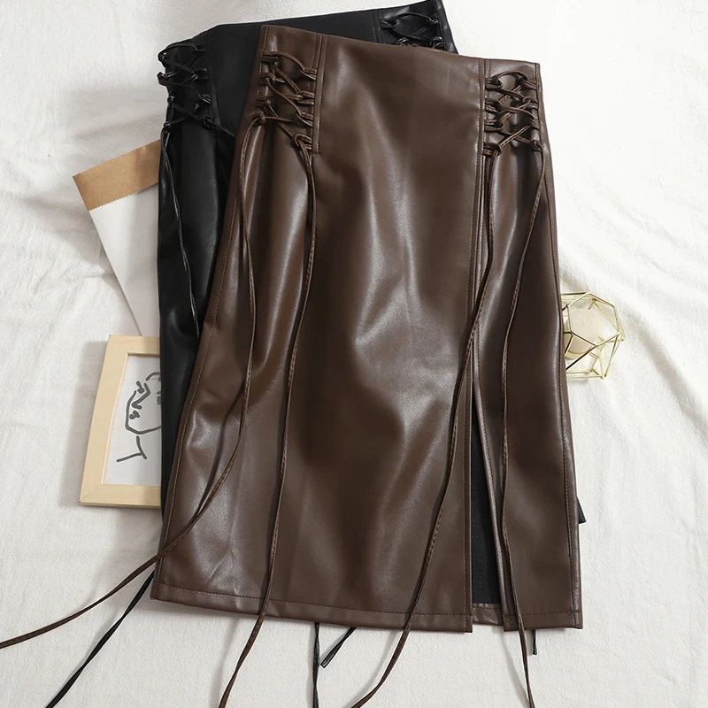

Cross-lace midi long pencil skirt women high-waist PU leather skirts 2021 autumn solid color split-fork hip skirt Office Lady