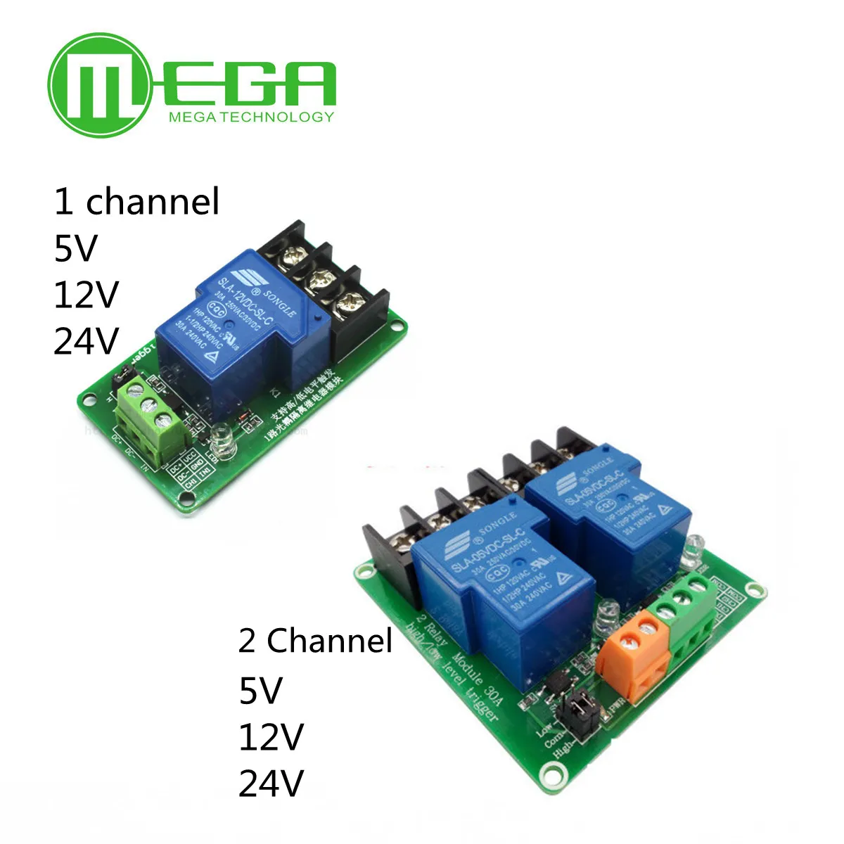 10PCS two 2 channel relay module 30A with optocoupler isolation 5V 12V 24V supports high and low Triger trigger for Smart home