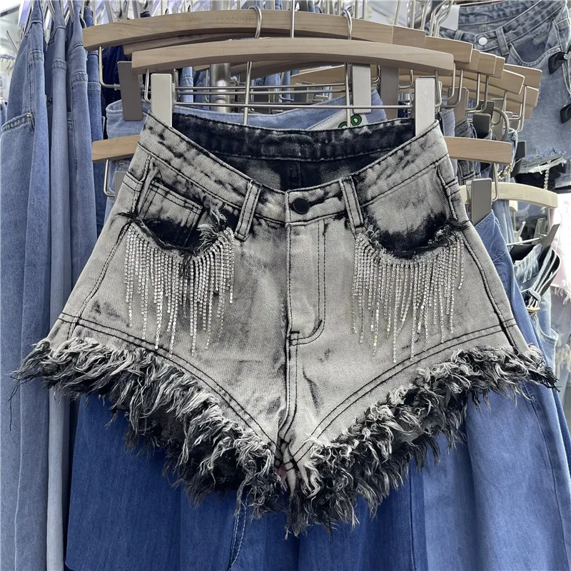 

Kawaii Girl Pink Denim Shorts 2021 Summer New Woman's Tassel Diamond Raw Hem Wide Legs A- Line Super Short Thin Jeans Hot Pants