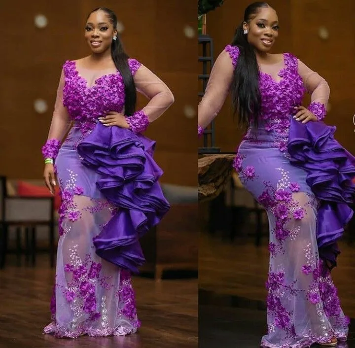 

Purple Aso Ebi South African Evening Dresses Mermaid Long Sleeves Flowers Nigeria Dubai Saudi Arabic Evening Gown Prom Dress