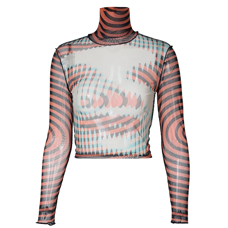 

Women Summer Long Sleeve Printed Striped Mesh See Through Slim Tops T Shirt Tees 2021 Female Clothing Streetwear