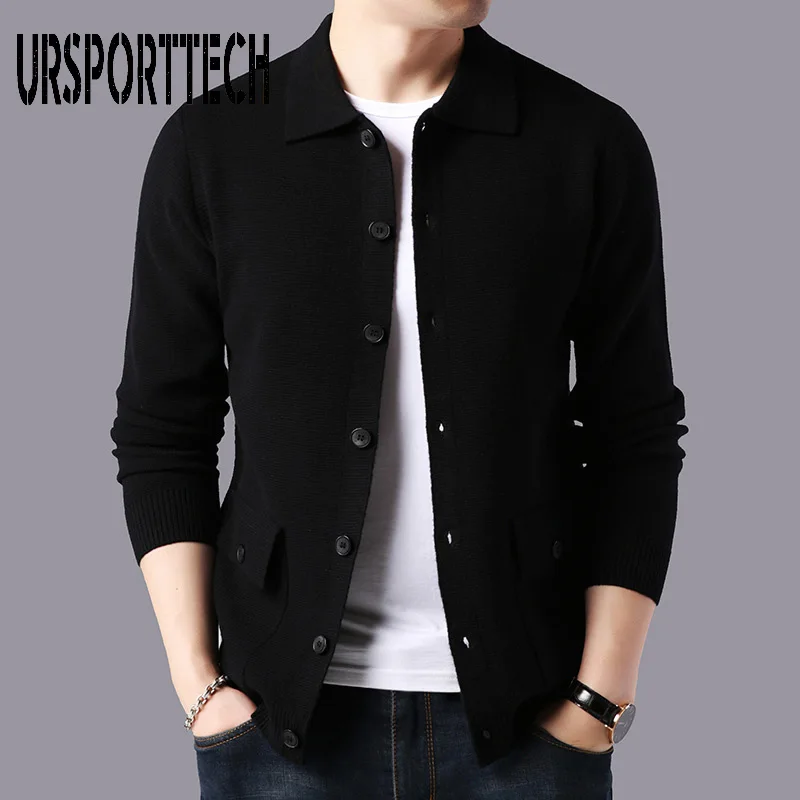 URSPORTTECH Men Cardigan Sweater Streetwear Fashion Sweater Coat Men Autumn Winter Warm Cashmere Woolen Cardigan Men With Pocket