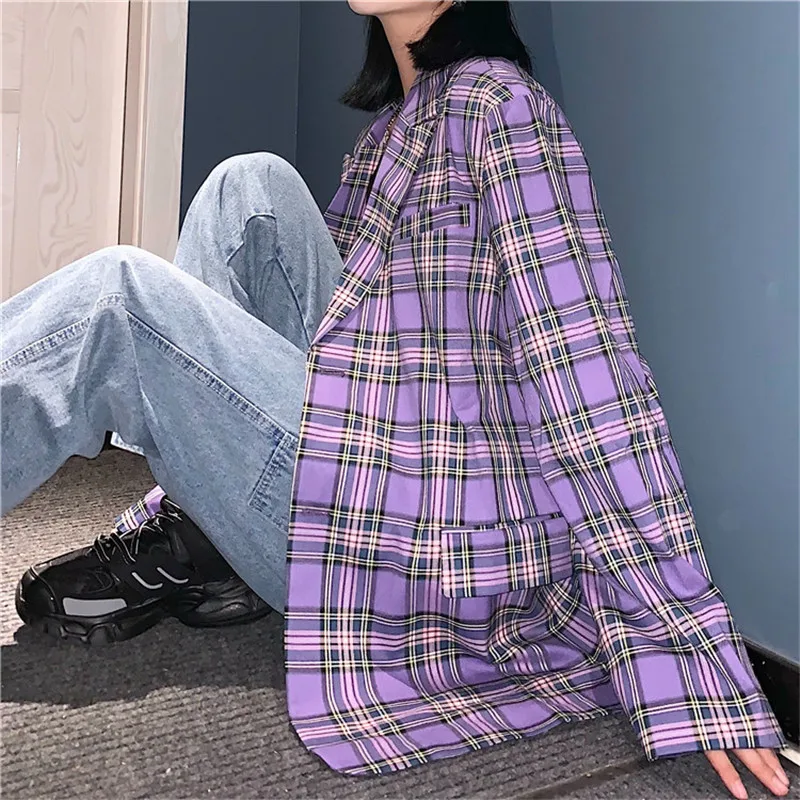 

Harajuke loose purple plaid blazers winter new style casual thin women blazer jacket high quality blazer