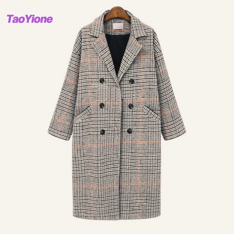 Женское длинное шерстяное пальто винтажная клетчатая куртка из смешанной шерсти
