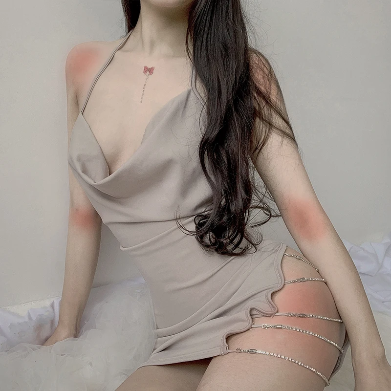 Женское облегающее платье с блестящими цепочками вечернее Клубное платье-мини