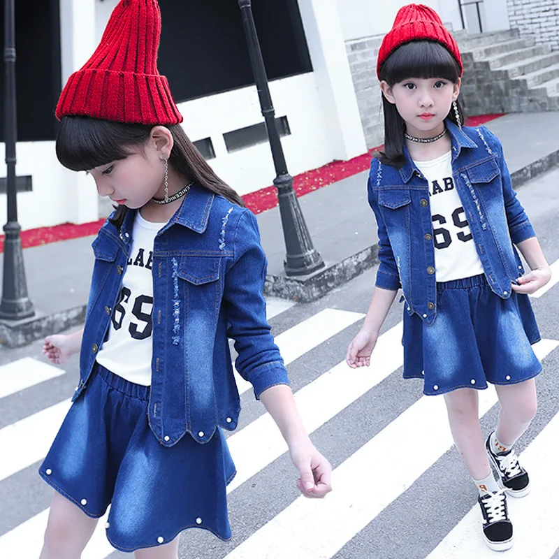 

Kids Girls Clothes Set Spring Autumn Denim Jacket + Skirt 2pcs Clothing For Teens Children Outfits Baby Girl Clothes Suit 4-12Y