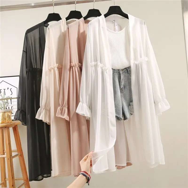 

Fashion Womens Casual Long Jacket Summer Chiffon Jackets Loose Plus Size Outerwear Solid Color Beach Sunscreen Shirt Coats Women