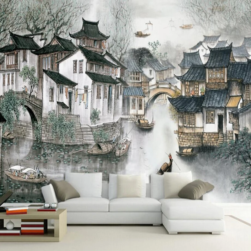 

Custom Photo Wallpaper 3D Jiangnan Water Village Chinese Style Background Wall Art Mural Living Room Hotel Study Papel De Parede