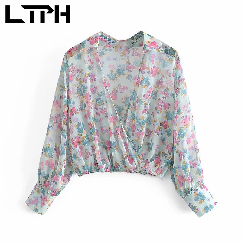 

LTPH resort style floral print chiffon blouse fashion sexy cross V-neck loose long sleeve top vintage blouses 2021 summer new