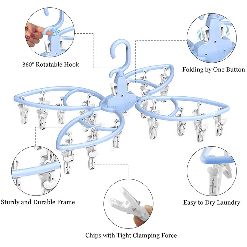 

Foldable Laundry Drying Rack, Baby Clothes Clip Hangers with 26 Drying Clips, Butterfly Shape Plastic Laundry