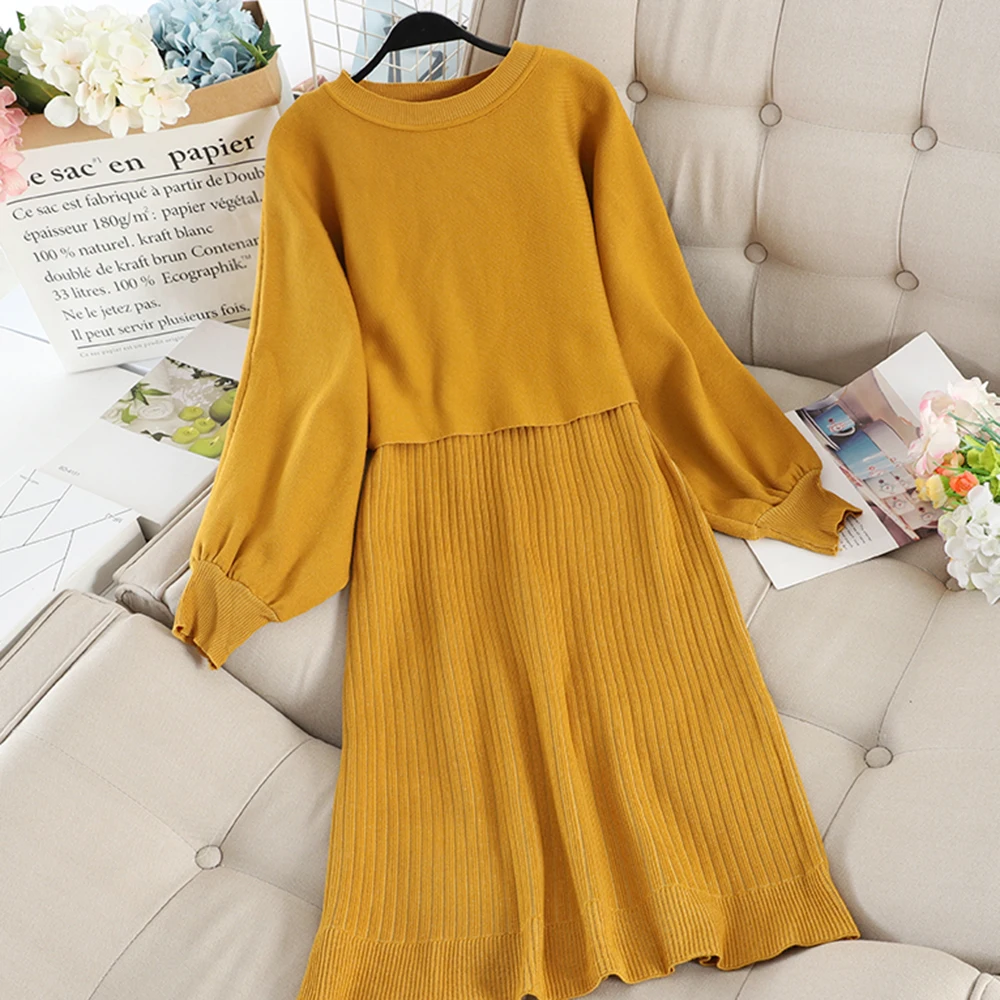 SINGRAIN женское Полосатое трикотажное платье + вязаный свитер с пышными рукавами