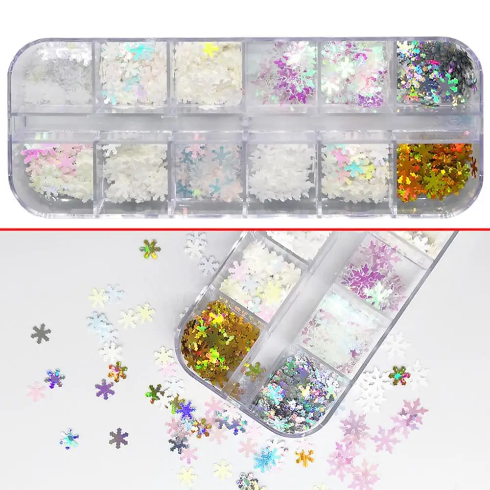 12 сеток Белые снежинки Блестки для ногтей 3D голографические хлопья ломтики