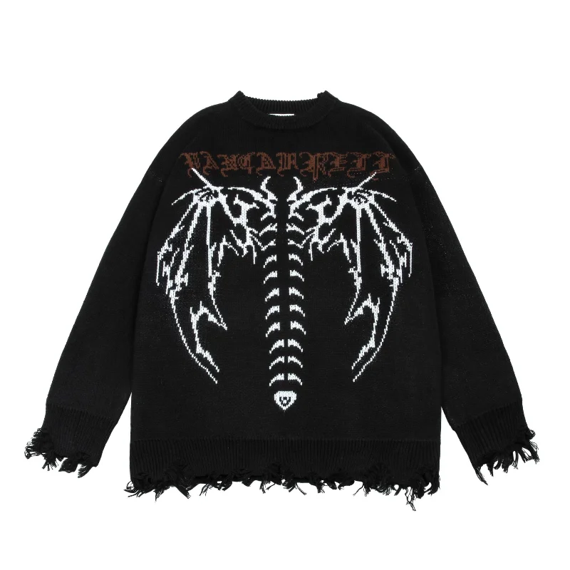 

Mens Hip Hop Sweater Skull wings Printing Oversized Men High Quality Streetwear Damage Hole Vintage Dark 1:1 Knitted Pullovers