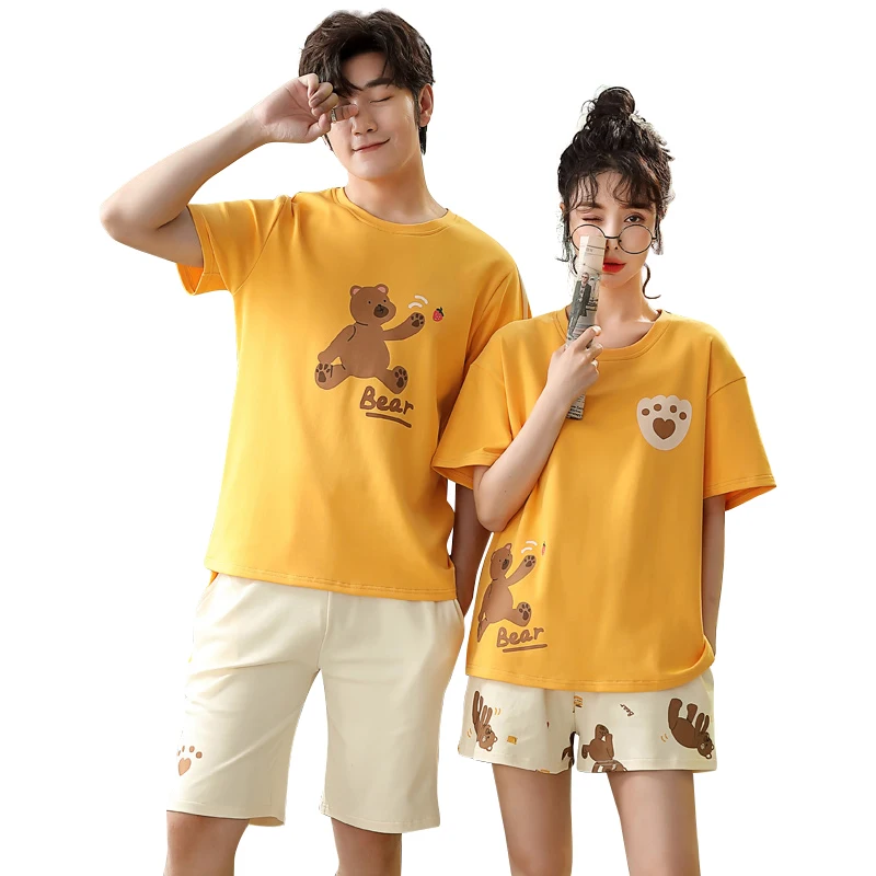 

Summer Cotton Couple Pajamas Set Cartoon Bears Print Lovers Nightwear Men & Women Casual Plus Size Yellow Short Sleeve Sleepwear