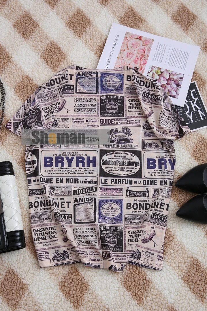 

vintage news paper Print Woman tshirts Short Sleeve 2021 Summer high end soft Cotton Top shirts for women graphic tee sexy tops