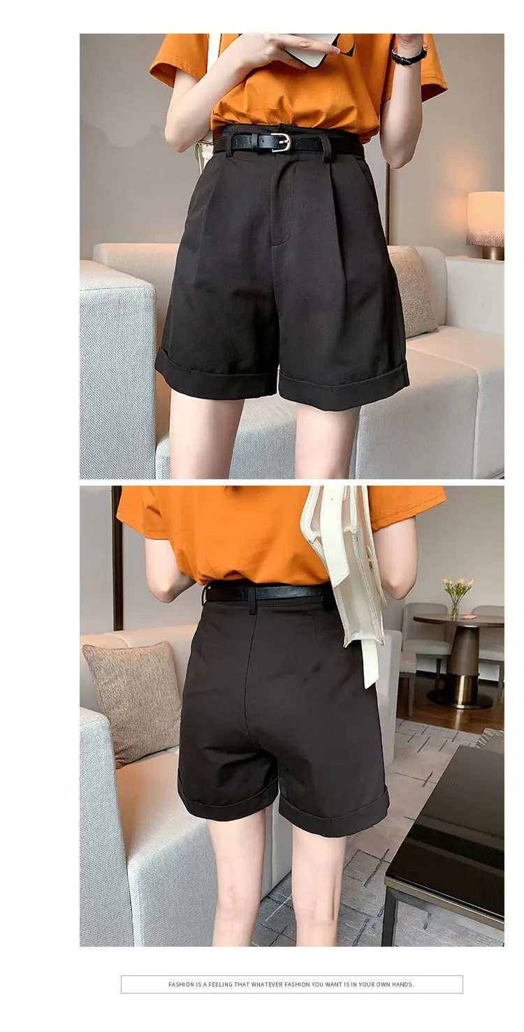 

2021 Summer Elastic High Waist Women Casual Loose Ladies Wide Leg Shorts Fashion Roll Up Hem Pocket Suit Shorts Female Chic Z148