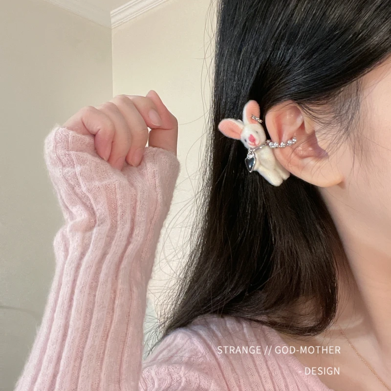 Cute Soft Sister Lolita Women Cosplay Earring No Ear Hole Plush Rabbit Ear Clip Unisex Exquisite Cute Sweet Ear Hook Girl Winter
