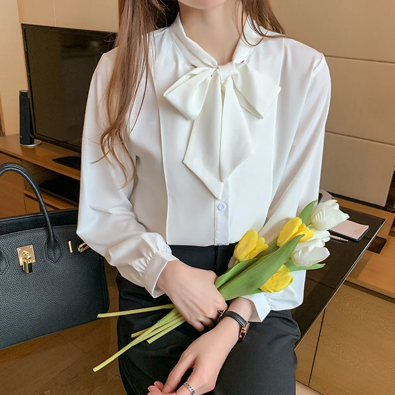 

Chikichi 2021 New Spring Korean Women Clothes Stand Collar Office Chiffon Shirt Bow Tie Blouse Women Casual Tops