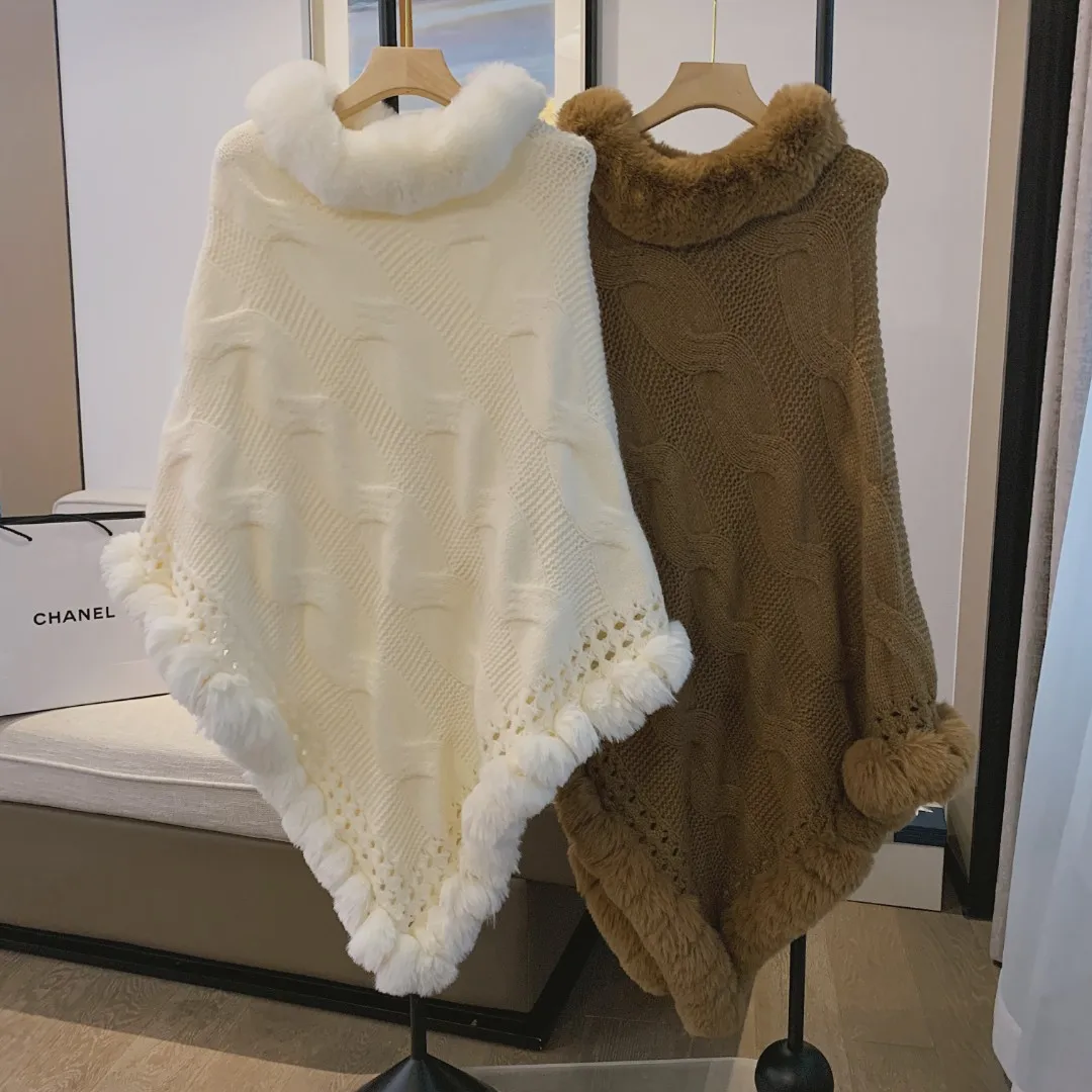 

QILA Hot Fashion Twist Loose Knitted Poncho Cape Cloak Autumn and Winter Korean Style Soft Faux Rabbit Fur Collar Women's Coat