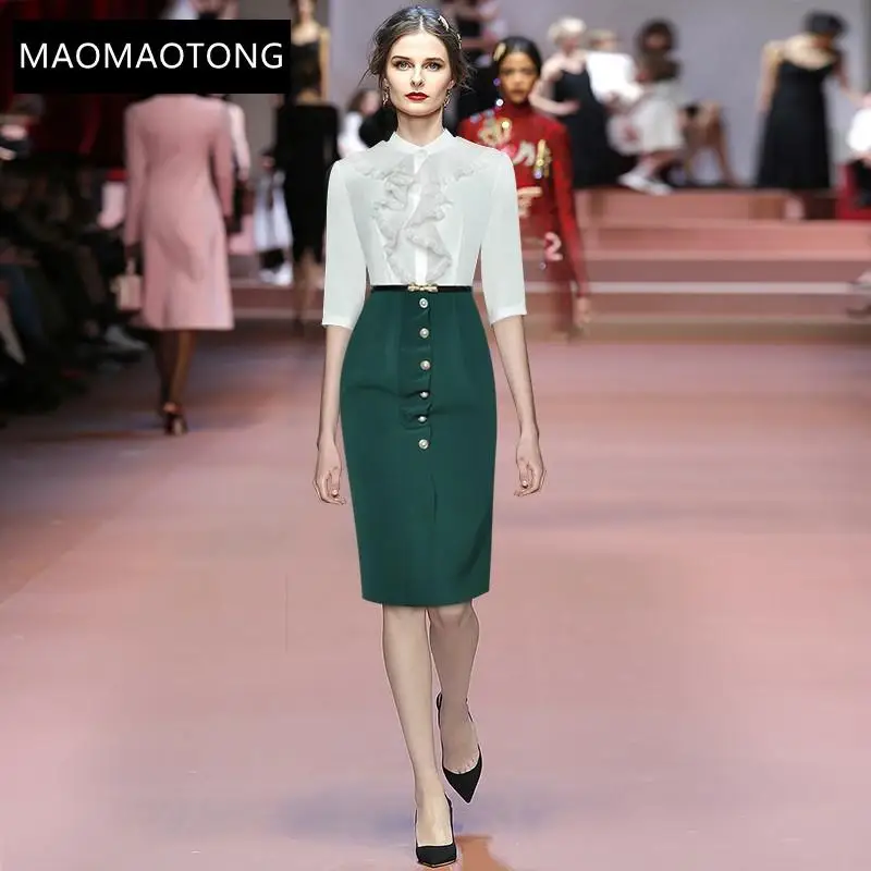 

Women's Clothing Fashion Designer Dress Spring Women's Dress Stand Collar Lace Patchwork Ruffle Elegant Lady Office Midi Dresses