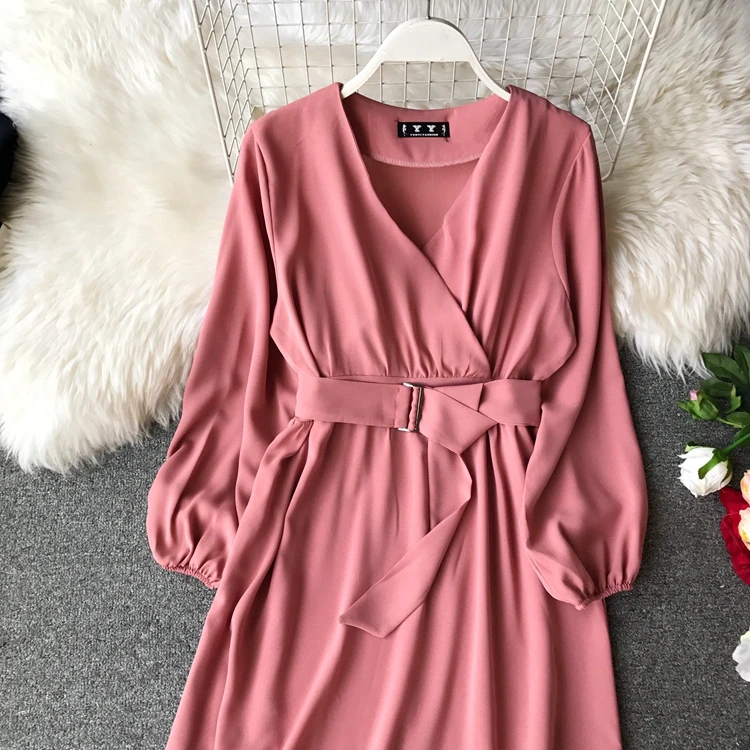 ALPHALMODA осеннее офисное женское платье с длинными рукавами и поясом, новое повседневное шифоновое платье с высокой талией и v-образным вырезом, однотонное женское платье до середины икры