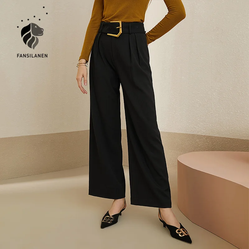 

FANSILANEN Long black casual wide leg pants capri Women loose high waist elegant pleated suit pants Female spring trousers 2021
