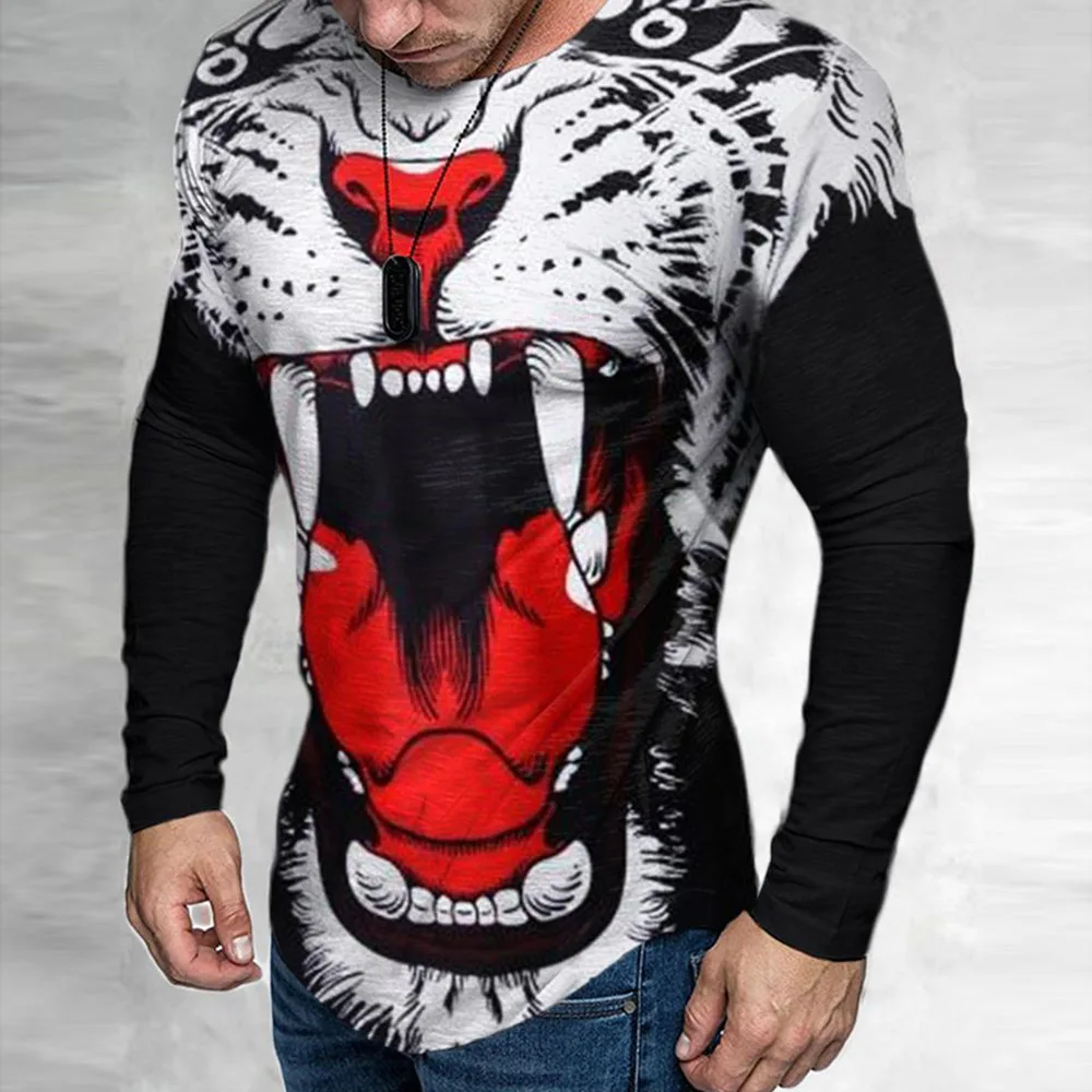 

Men New T-shirt Fashion Digital Printing Round Neck Long Sleeve Autumn 2021 Western Style Casual Simplicity Pullover