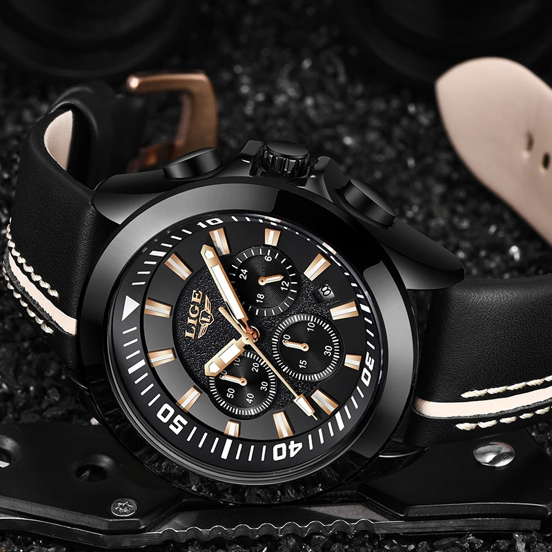 2020 LIGE Мужские часы кожаные автоматические кварцевые мужские роскошные брендовые