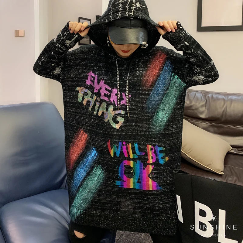 2019 Осень Новый черный золотой принт свитер большого размера женский длинный