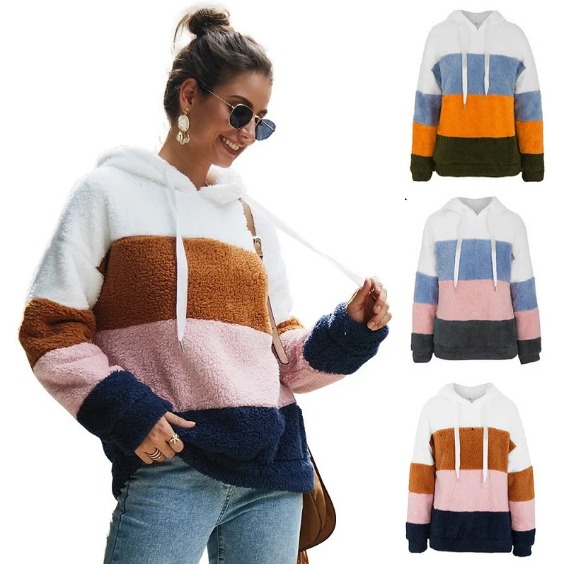 

2021 autumn and winter stitching plush hooded sweater top