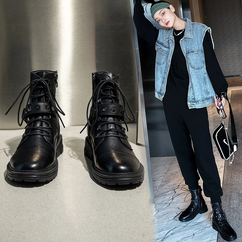

Hot Real Leather Martin Boots Round Toe Rivet Ankle Boots for Women Cowhide Upper Fashion Female Platform Women Shoes Handmade