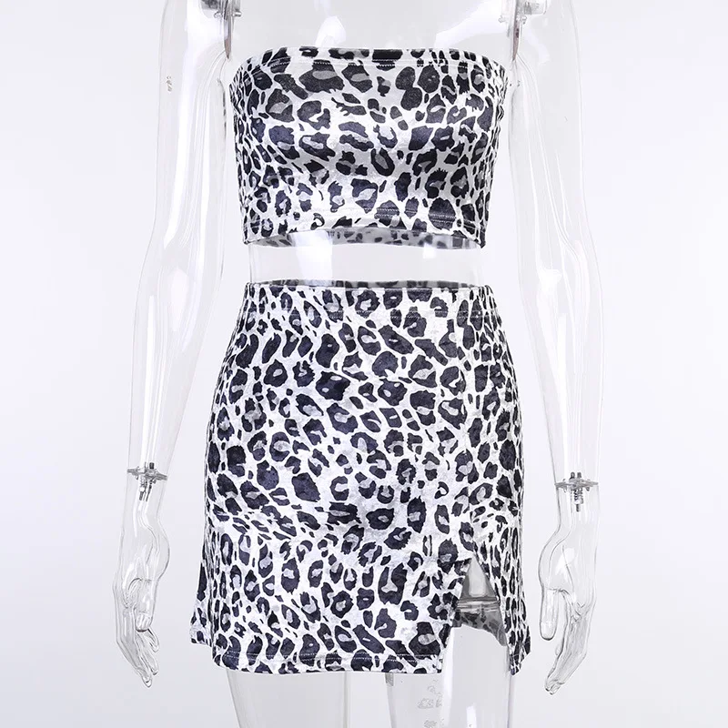 

Strapless Crop Top And Skirt Set Summer Outfits Womens 2021 Fashion Leopard Print Two Piece Matching Sets Ladies Sexy Clubwear