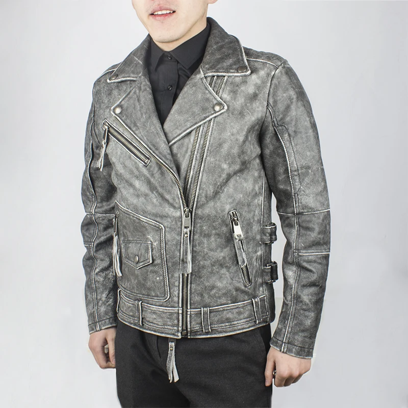 Мужская винтажная мотоциклетная куртка серая приталенная байкерская из
