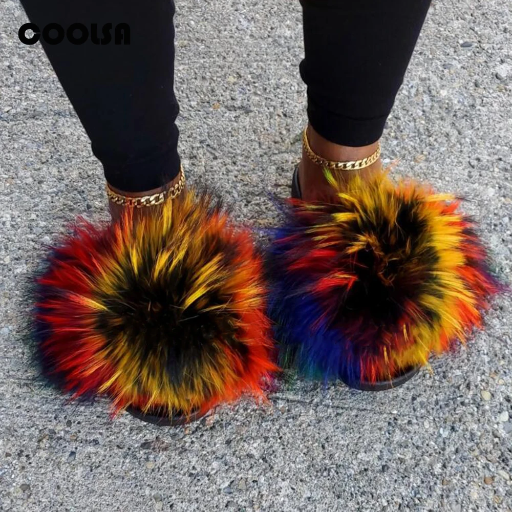 

Summer Fluffy Raccoon Fur Slippers Shoes Women Real Fox Fur Flip Flop Flat Furry Fur Slides Outdoor Sandals Woman Amazing Shoes