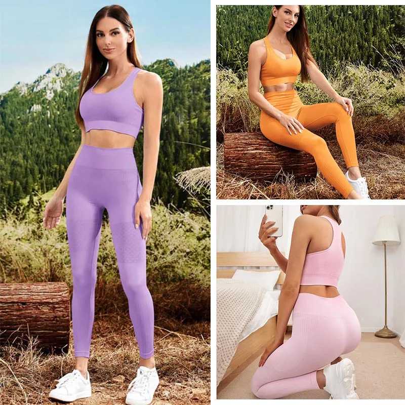 

2 PCS Women Seamless Gym Leggings Women Suit Push Up Fitness Sports Bra + High Waisted Leggings Workout Set Fitness Clothing