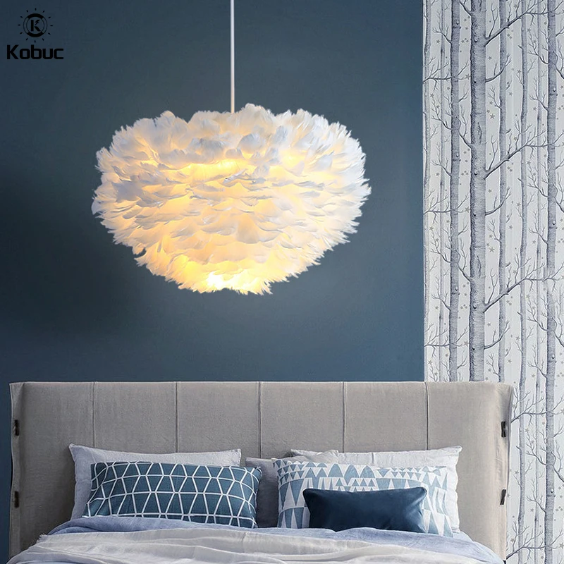 

Kobuc Modern White Goose Feather Pendant Lamp E27 Lamp Holder Fairy Hanging Lamp Bedroom Dining Room Chandelier Ceiling Light