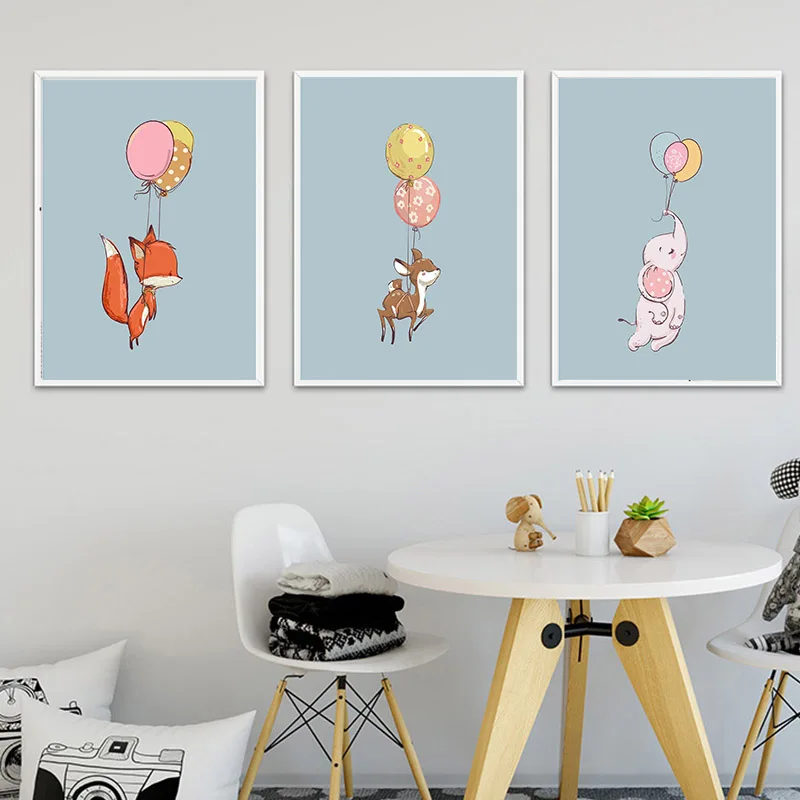 Скандинавский мультфильм детские животные холст картины детская розовый шар Арт
