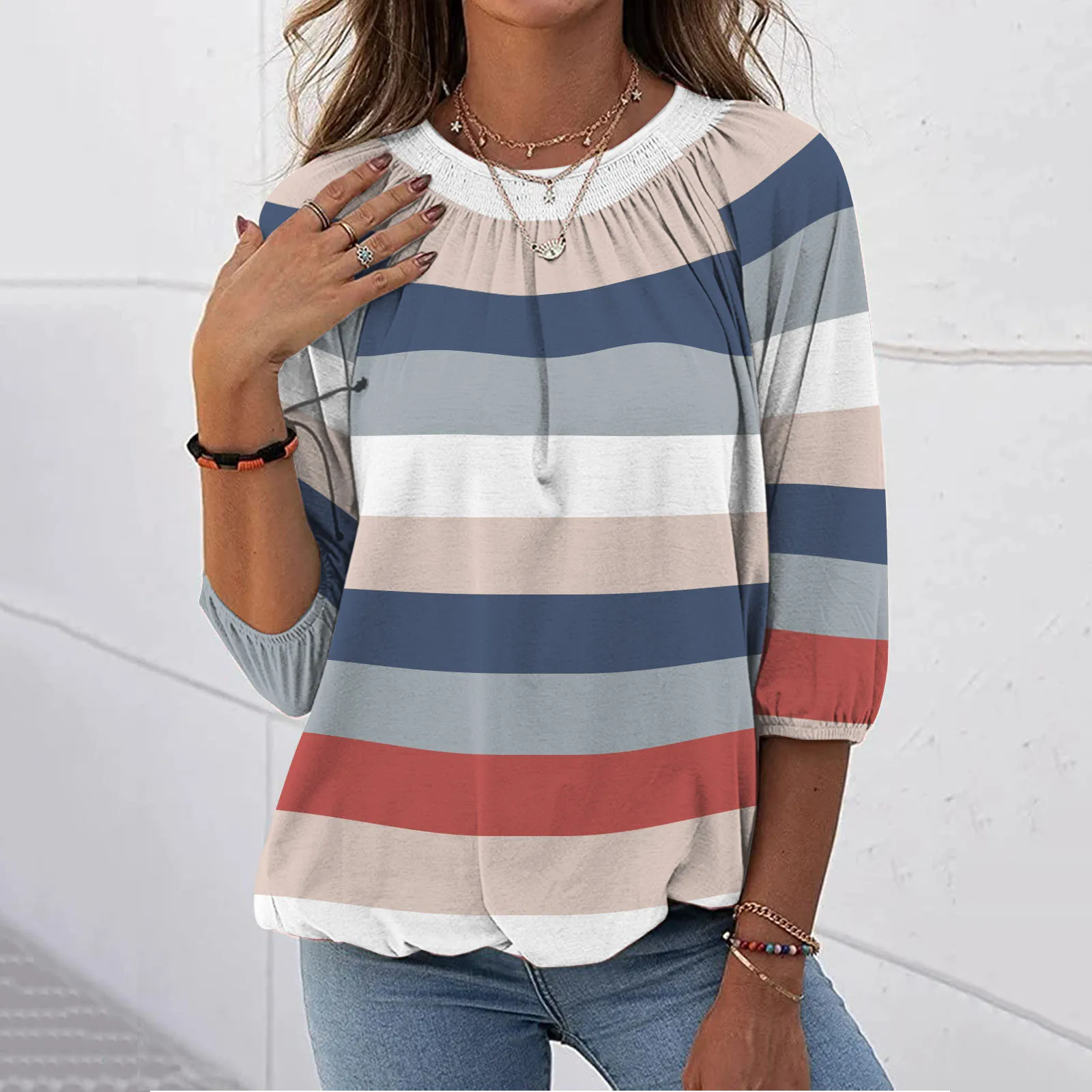 

Women's Fashion Printed Round Neck T Shirt Blouse 3/4 Sleeve Loose Pleated Tops Y2k Blusa De Frio Feminina Свитер Женский 2021#