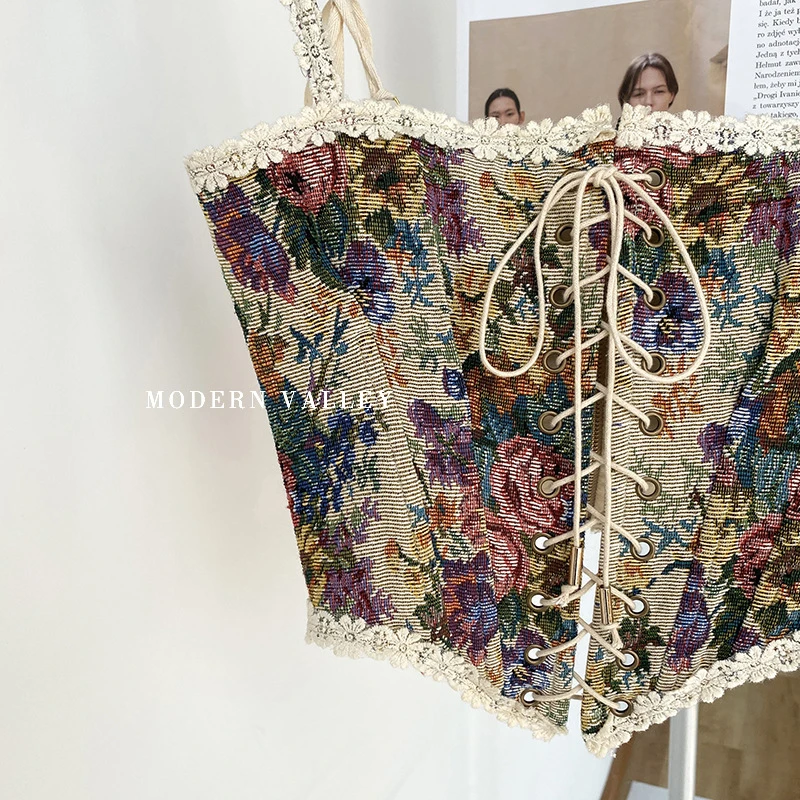 

French Retro Style Women Sleeveless Camisole Hot Girl Sexy Tube Top Vest Female Floral Printing Lace Fashion Tank Tops Y1372